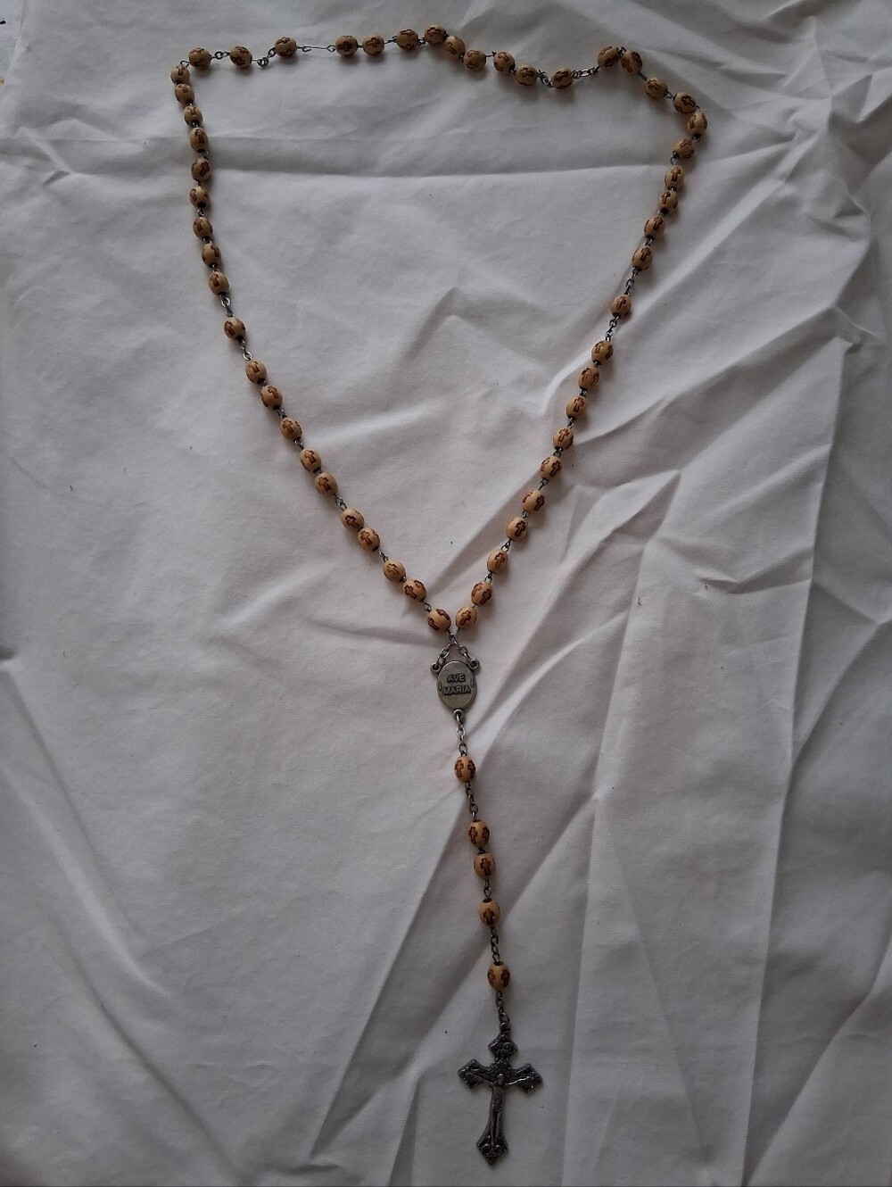 Rosary Necklace with Olive Wood Beads and Silver Tone Cross Marked ITALY